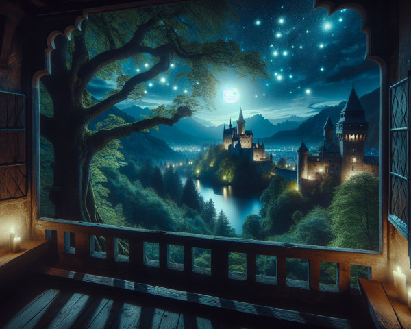 Mystical Landscape View from a Wooden Window Frame