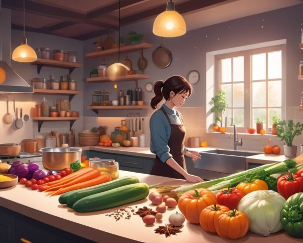 Bright Kitchen with Fresh Vegetables and Herbs