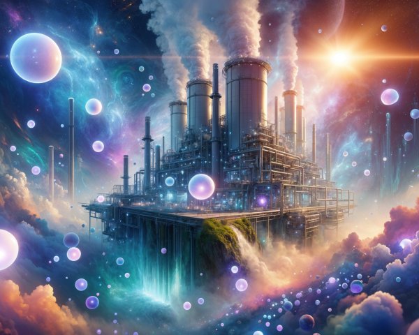 Futuristic Factory Amidst Colorful Cosmic Clouds