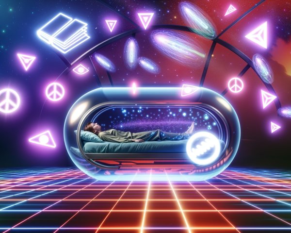 Futuristic Scene with Floating Bed and Glowing Symbols