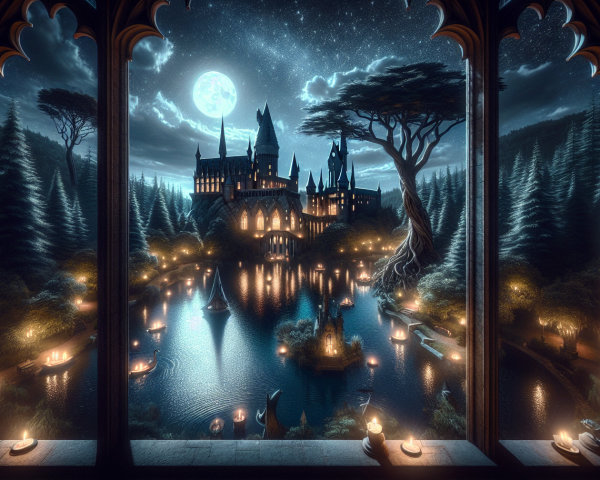 Majestic castle under moonlight with enchanted forest