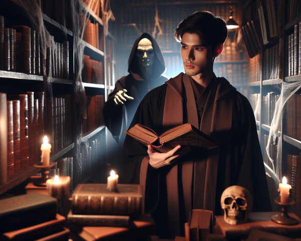 Mysterious Library Scene with Cloaked Figures and Shadows