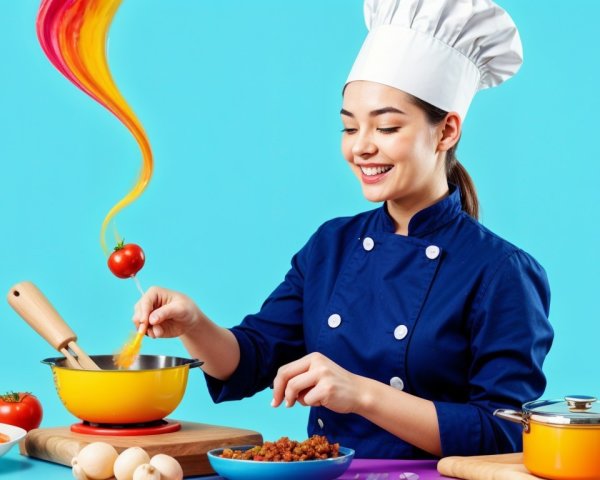 Smiling Female Chef Cooking with Colorful Ingredients