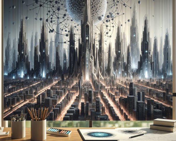Futuristic Cityscape with Skyscrapers and Technology