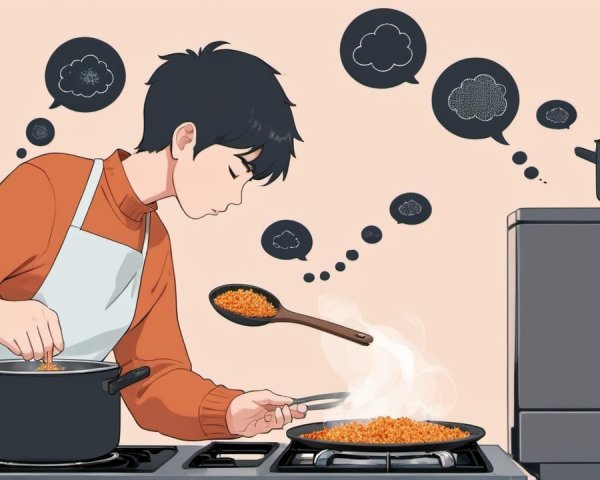 Young Cook in Orange Sweater Prepares Food at Stove