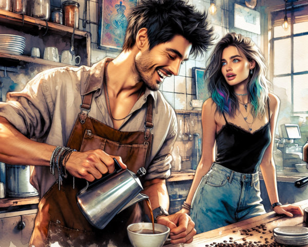 Barista Pours Coffee in Cozy Café with Sunlight Glow