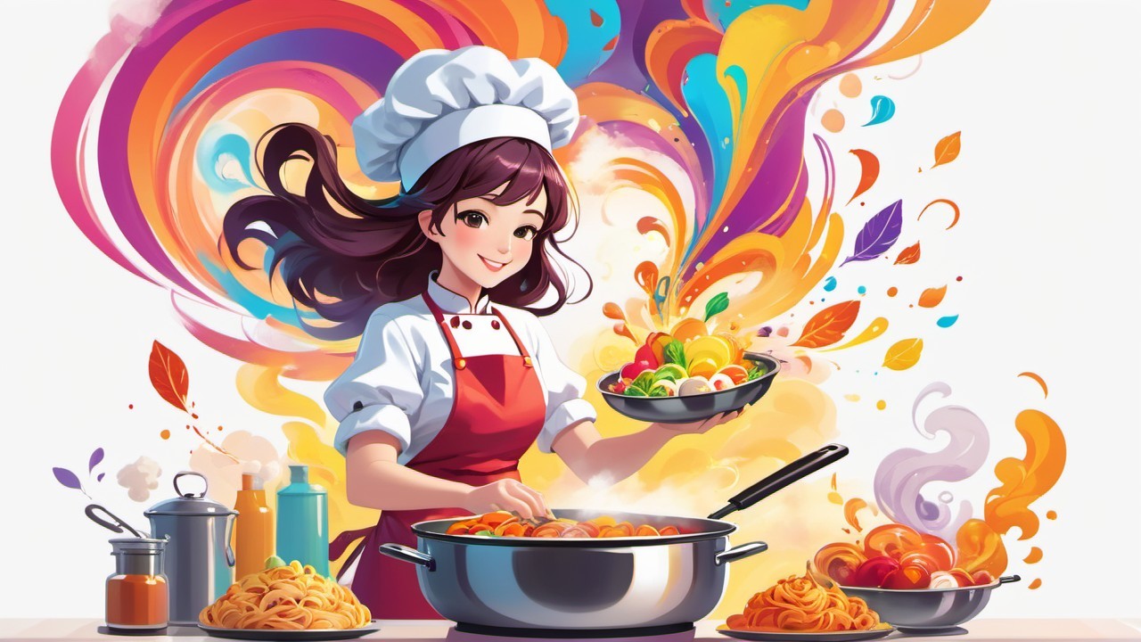 Cheerful Chef Prepares Colorful Meal in Large Pot