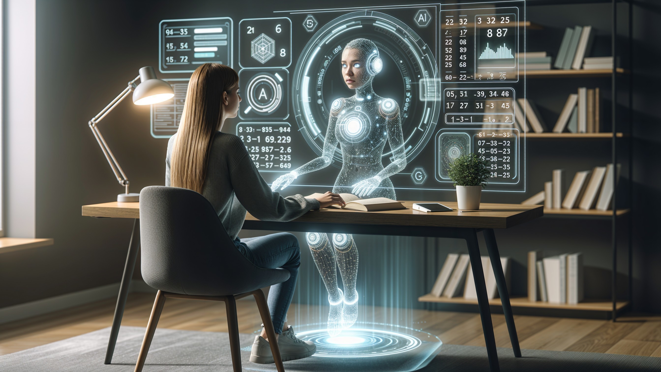 Modern Minimalist Workspace with Holographic AI Interaction