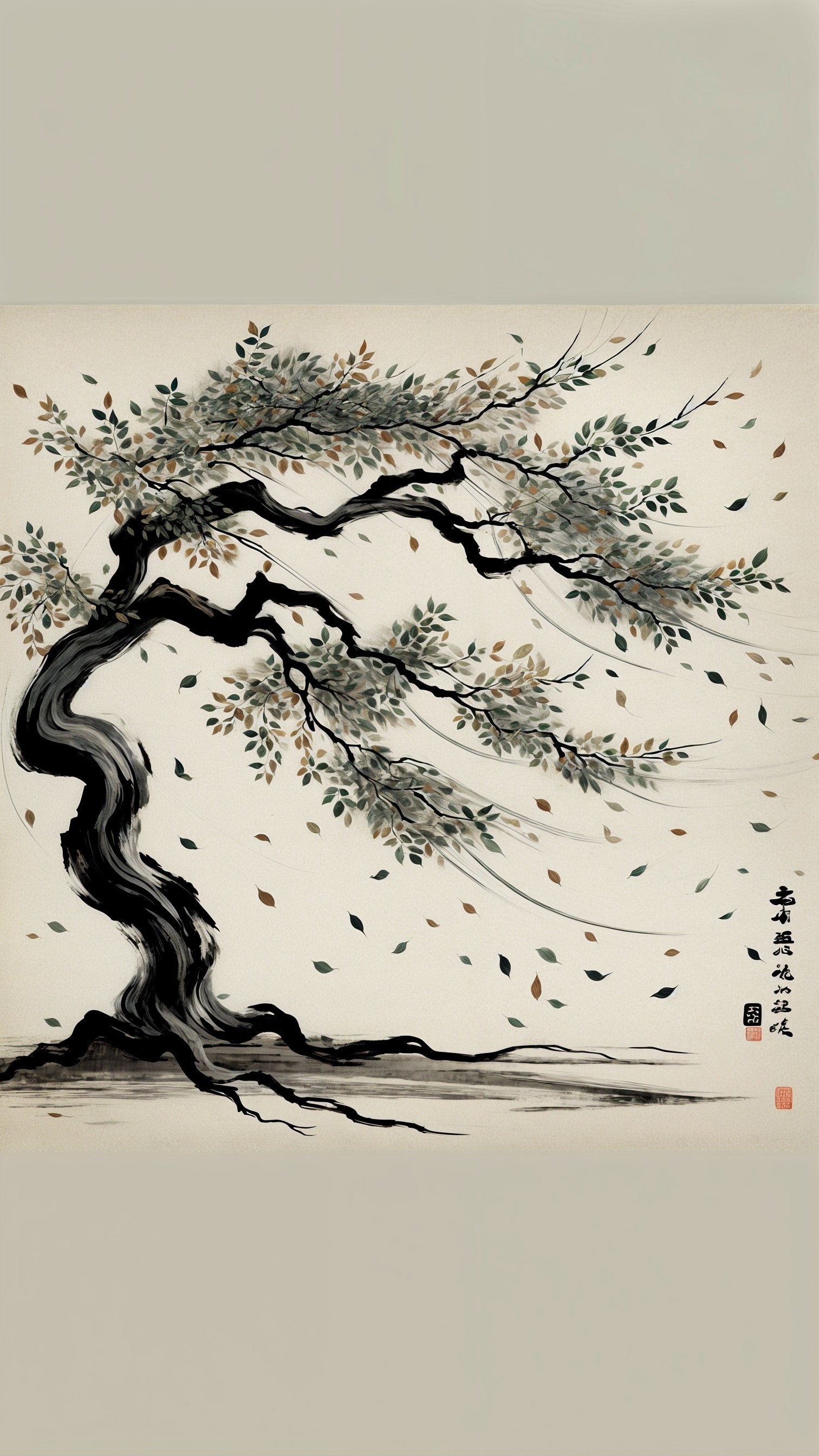 Ancient Tree with Gnarled Branches and Delicate Leaves