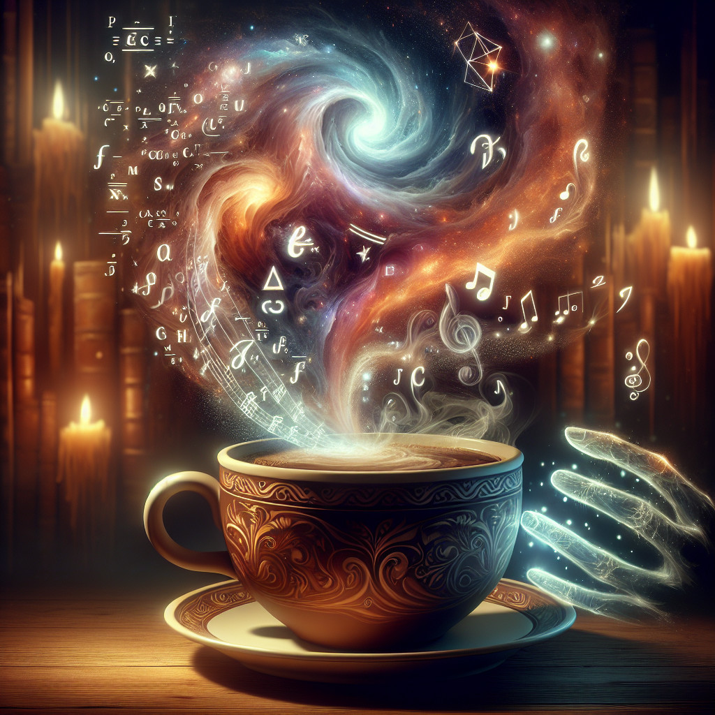 Whimsical Teacup with Cosmic Energy and Musical Notes