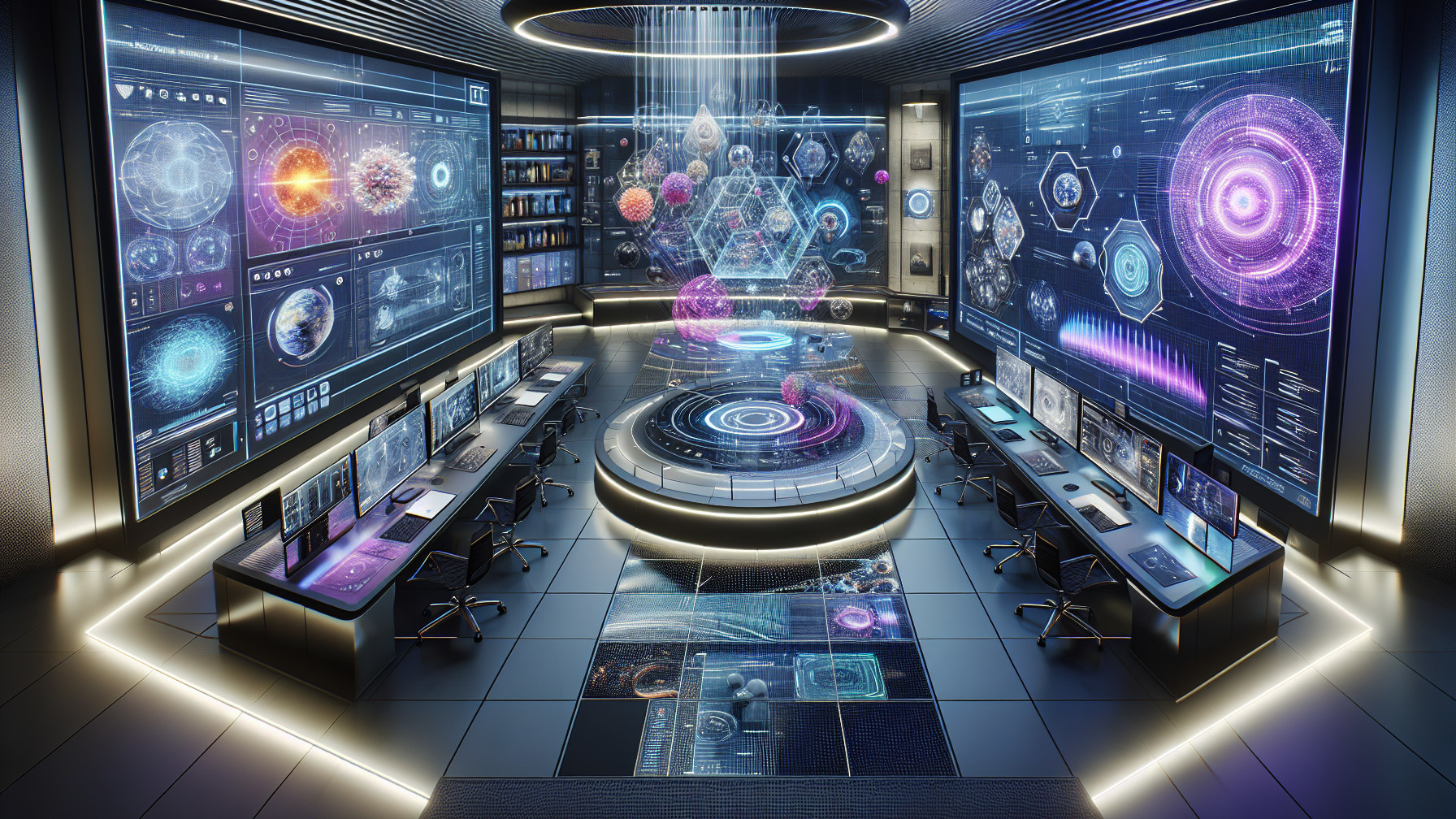 Futuristic control room with advanced holographic displays