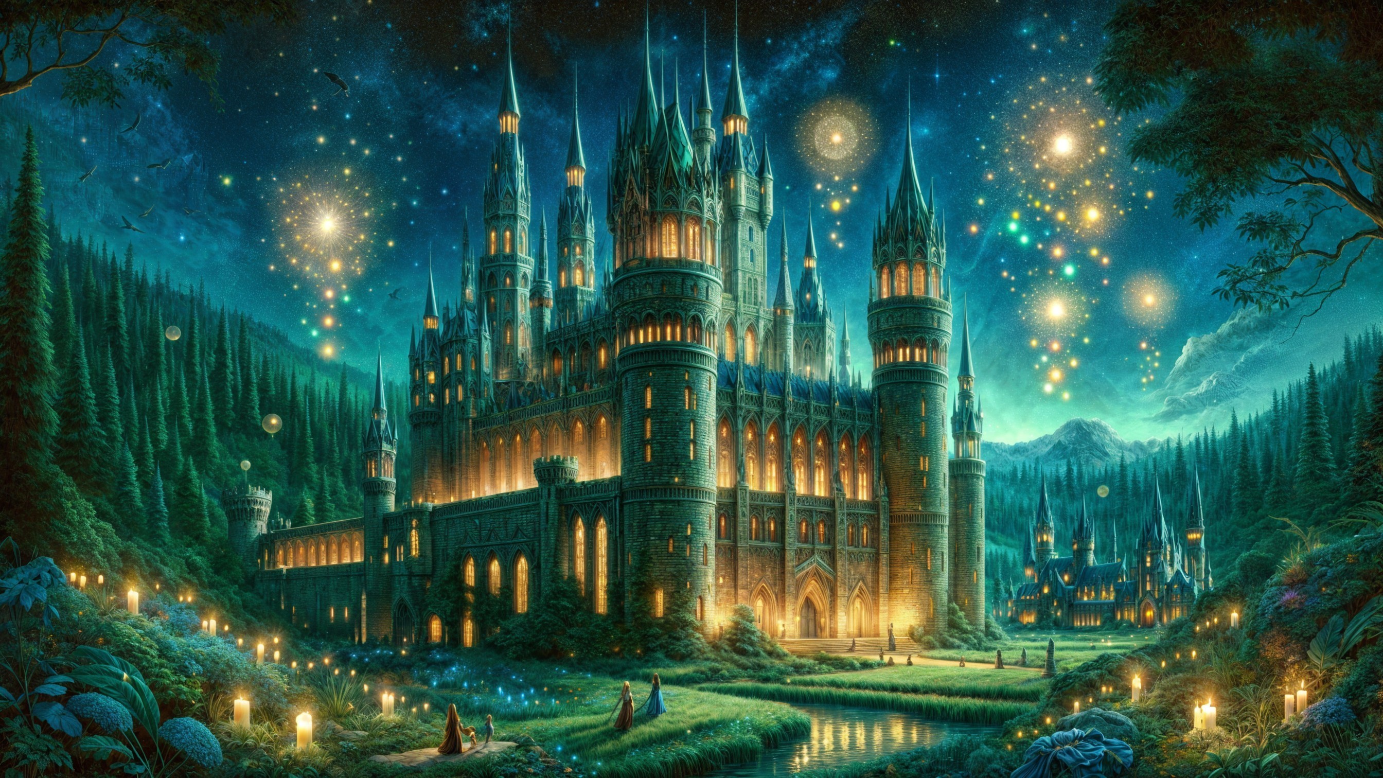 Majestic castle illuminated under a starlit sky