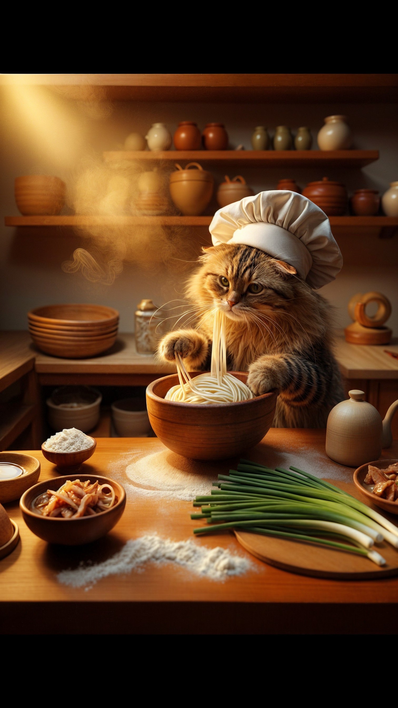 Fluffy Cat in Chef Hat Prepares Spaghetti in Kitchen