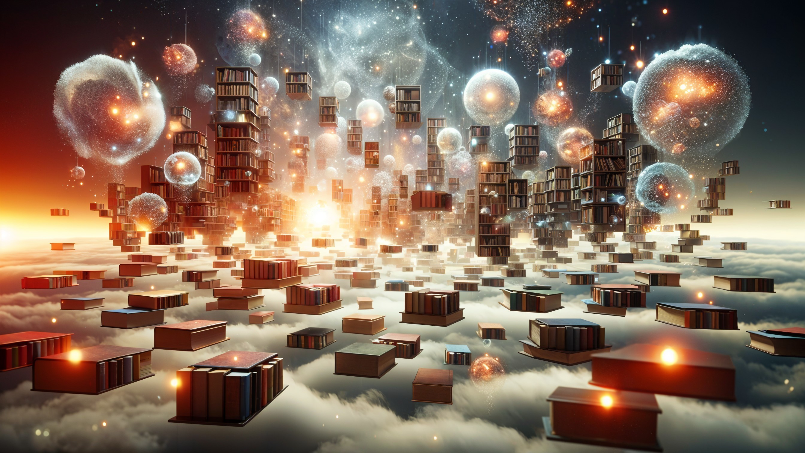 Fantastical City of Books Amidst Celestial Clouds