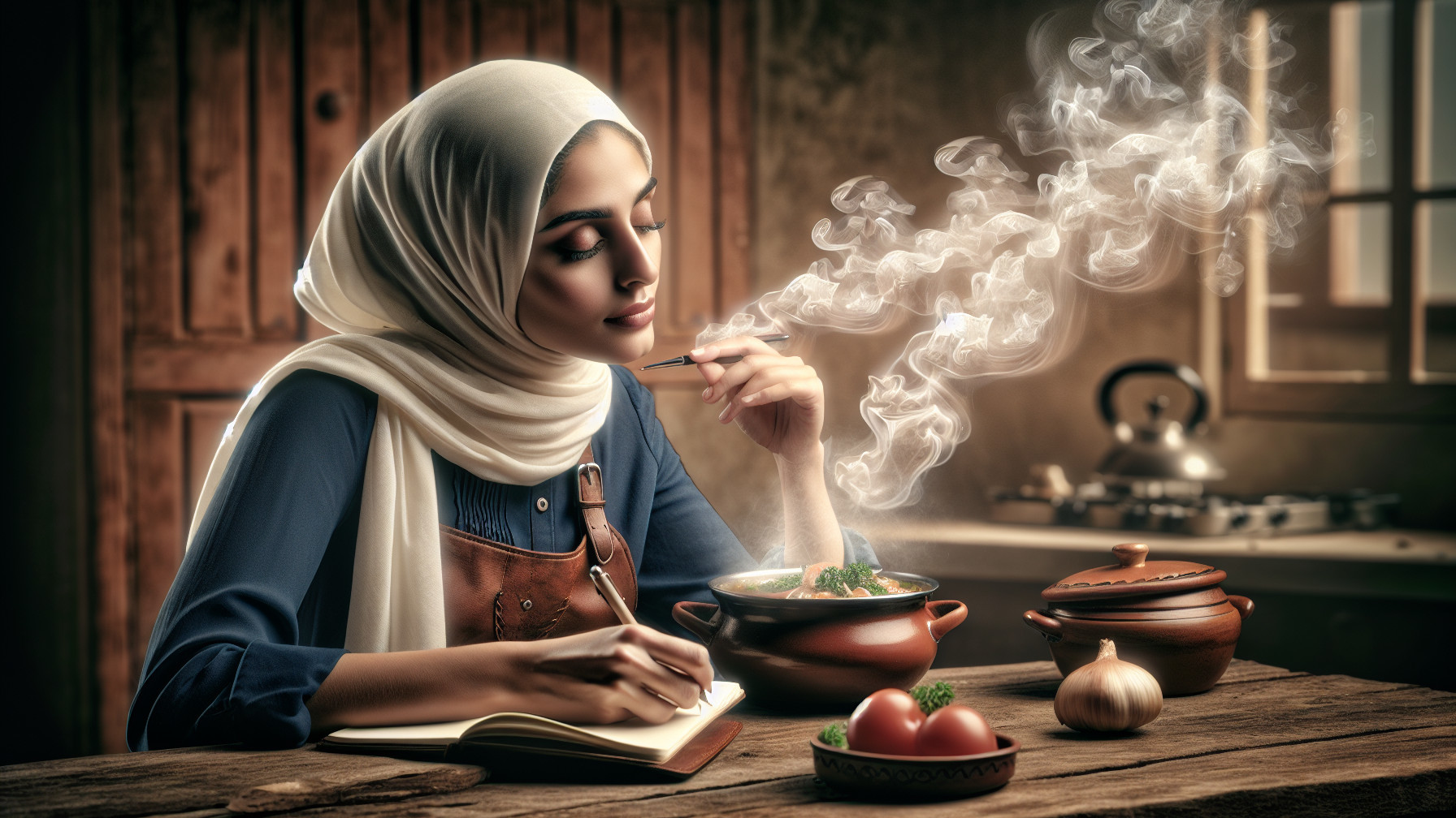 Woman in hijab writing at rustic kitchen table