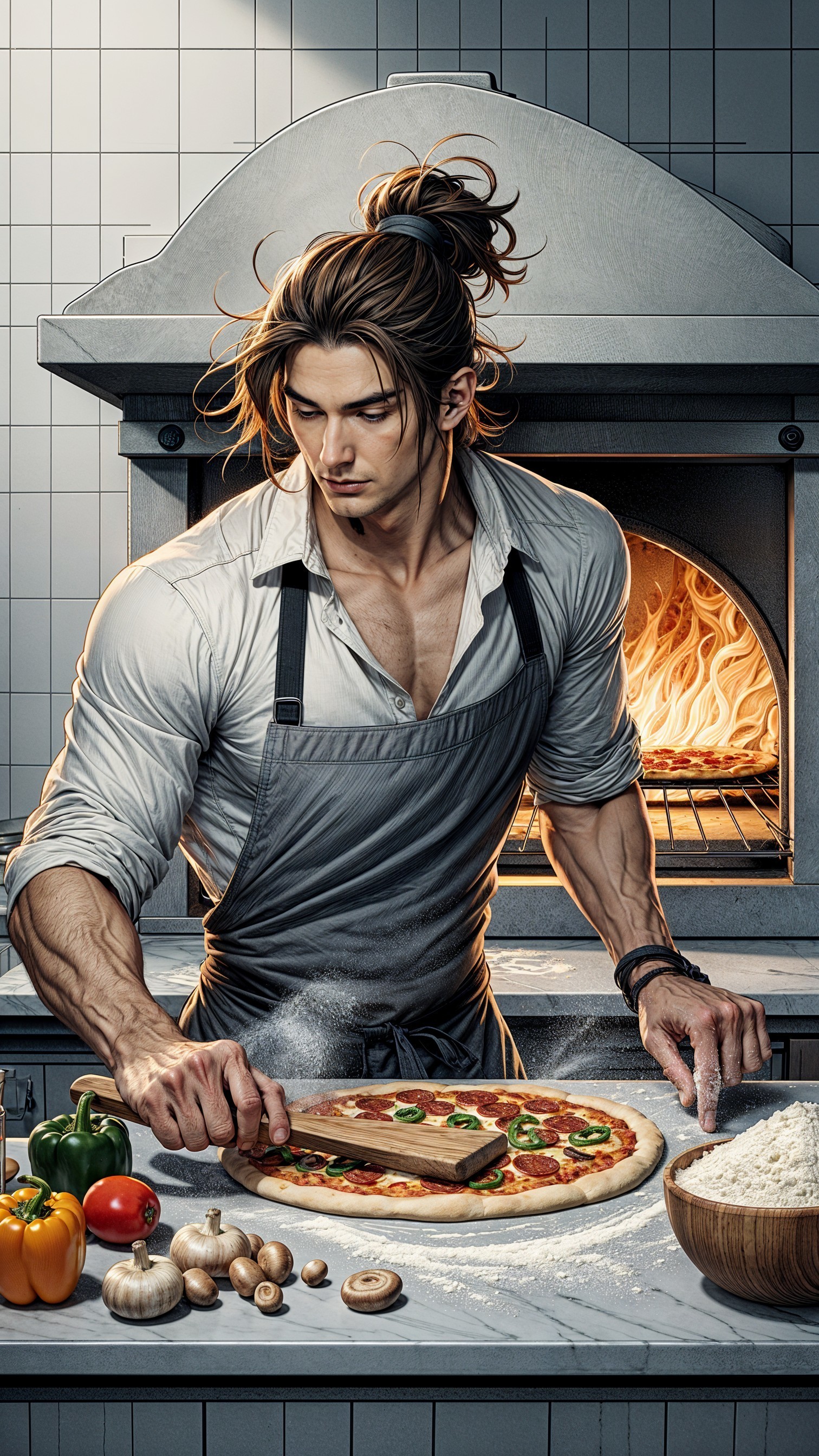 Muscular Man Prepares Pizza in Rustic Kitchen