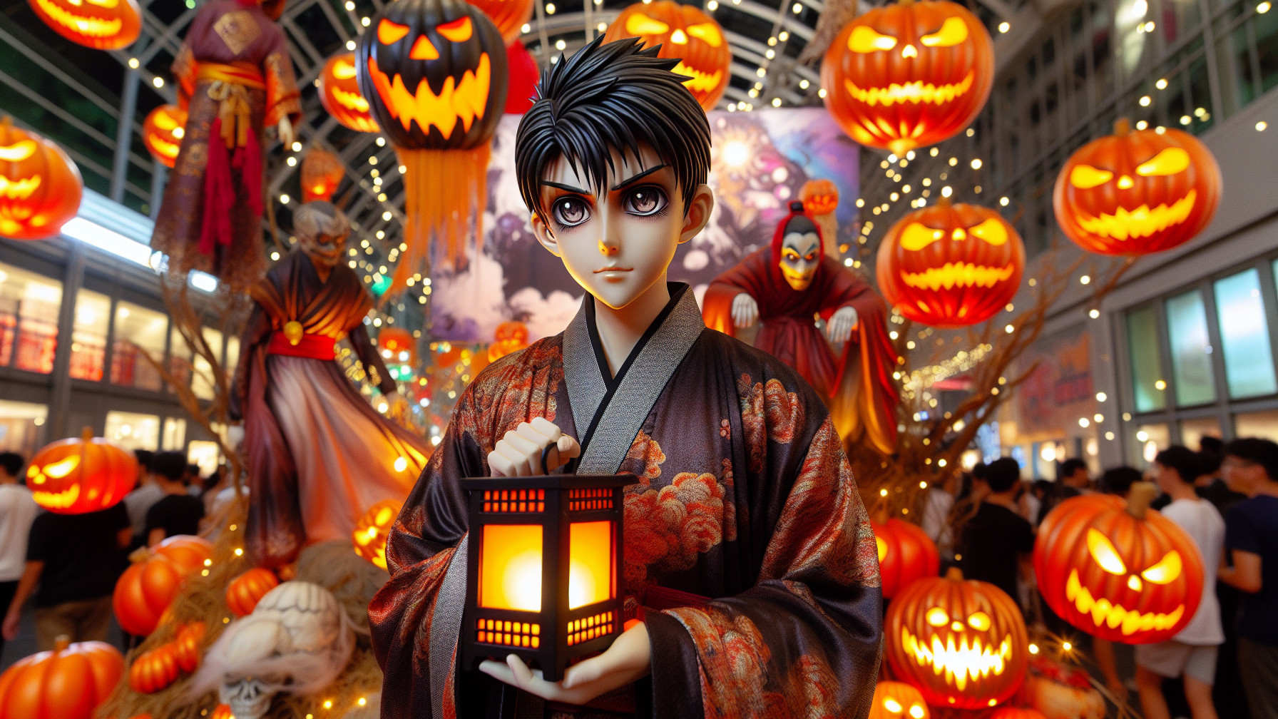 Young man in kimono with lantern in Halloween scene