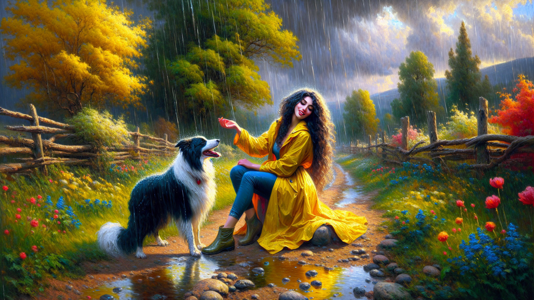 Young Woman in Yellow Raincoat with Dog in Autumn Scene