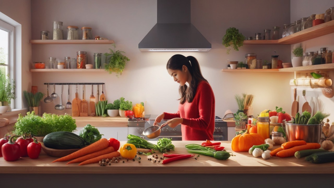Cozy Kitchen with Fresh Vegetables and Warm Lighting