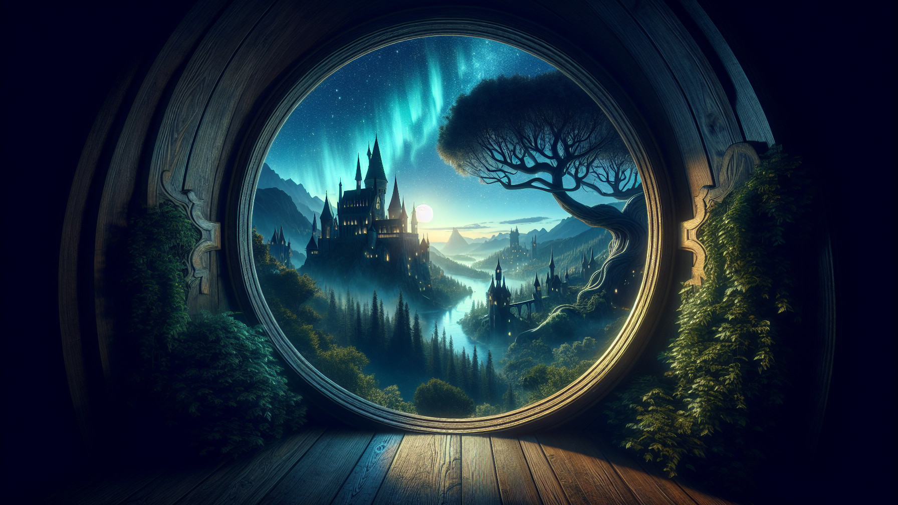 Fantastical Landscape with Castle and Auroras