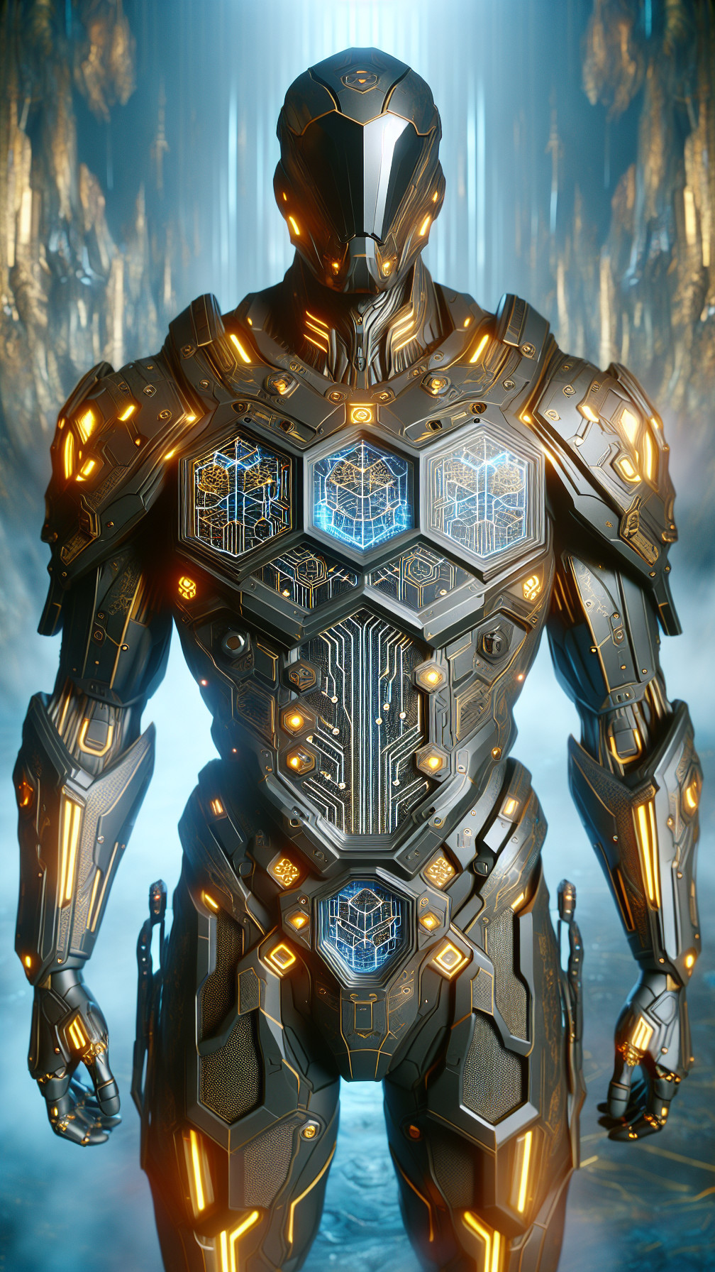 Futuristic cybernetic warrior in glowing armored suit