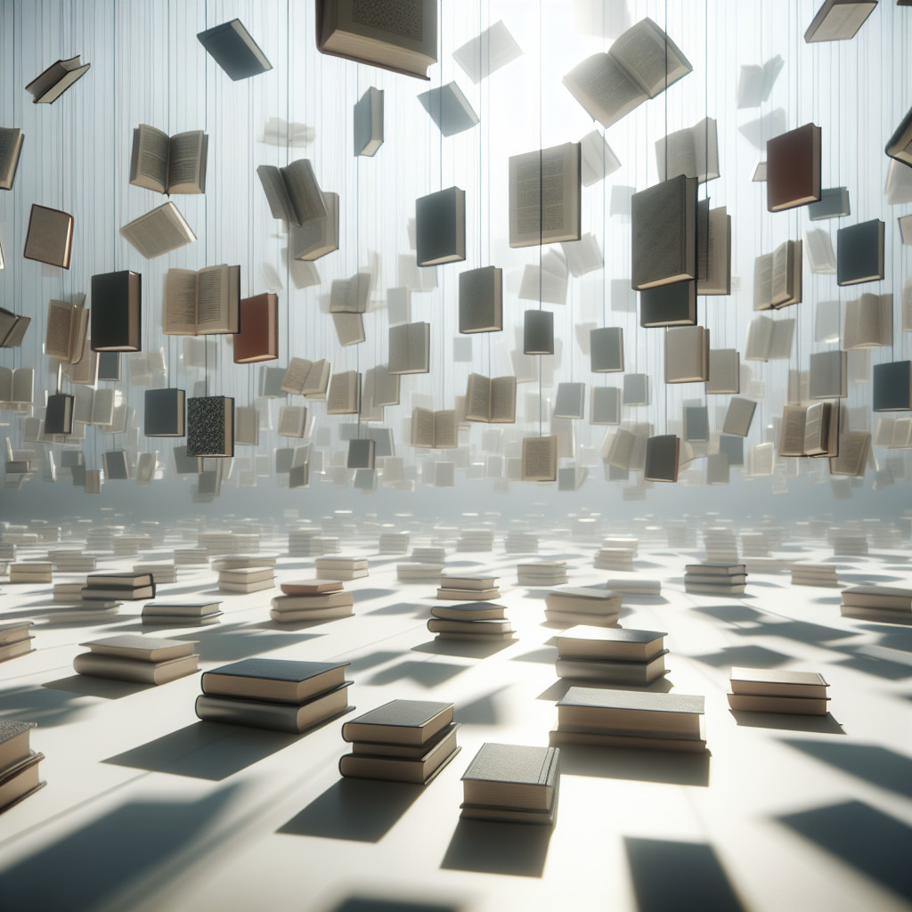 Books Suspended from Ceiling in Bright Room Setting