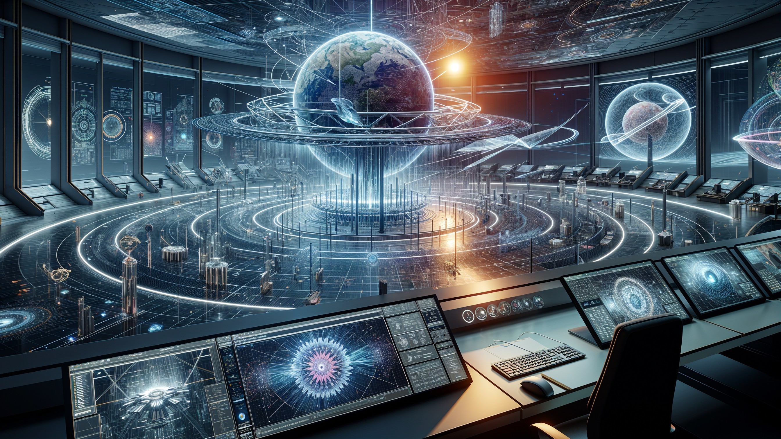 Futuristic Control Room with Holographic Earth Display