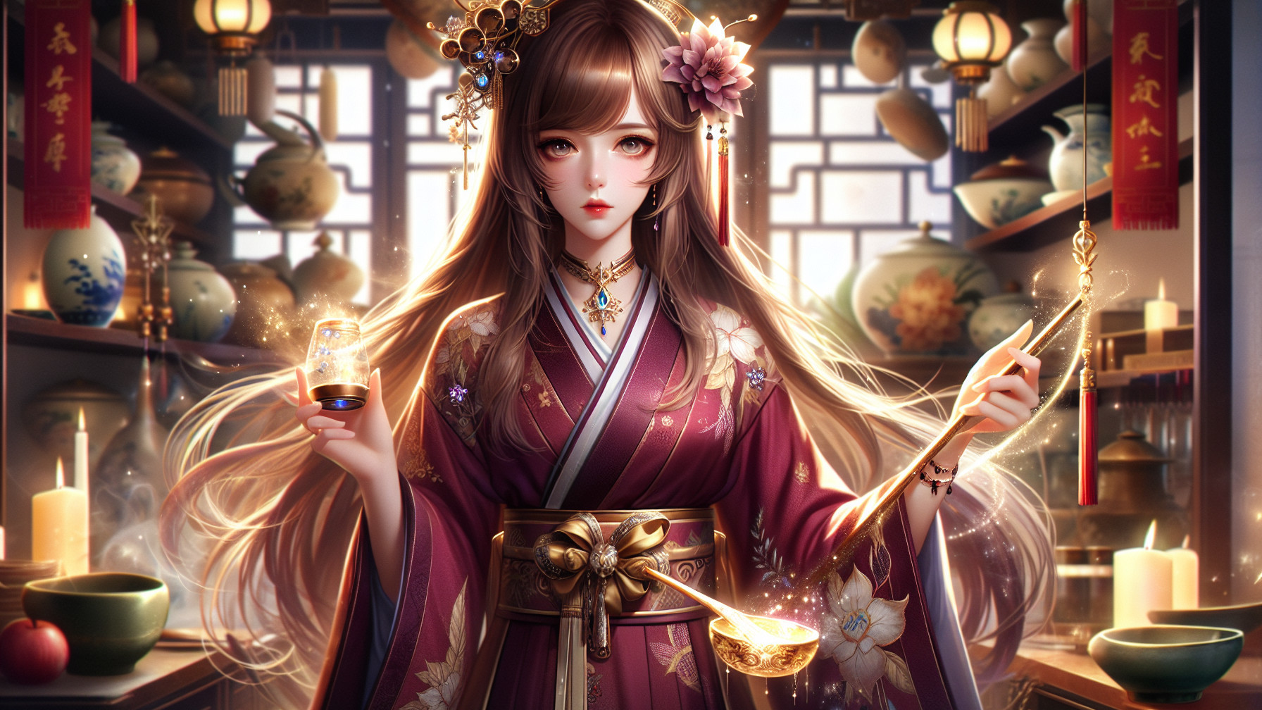 Young woman in ornate outfit in dim apothecary setting
