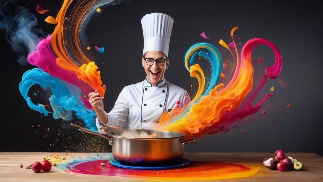 Chef in White Uniform Stirring Colorful Pot