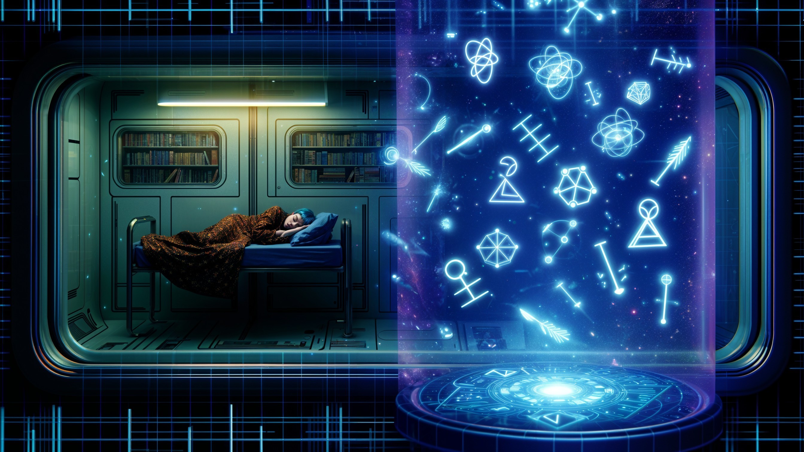 Futuristic Chamber with Books and Glowing Portal
