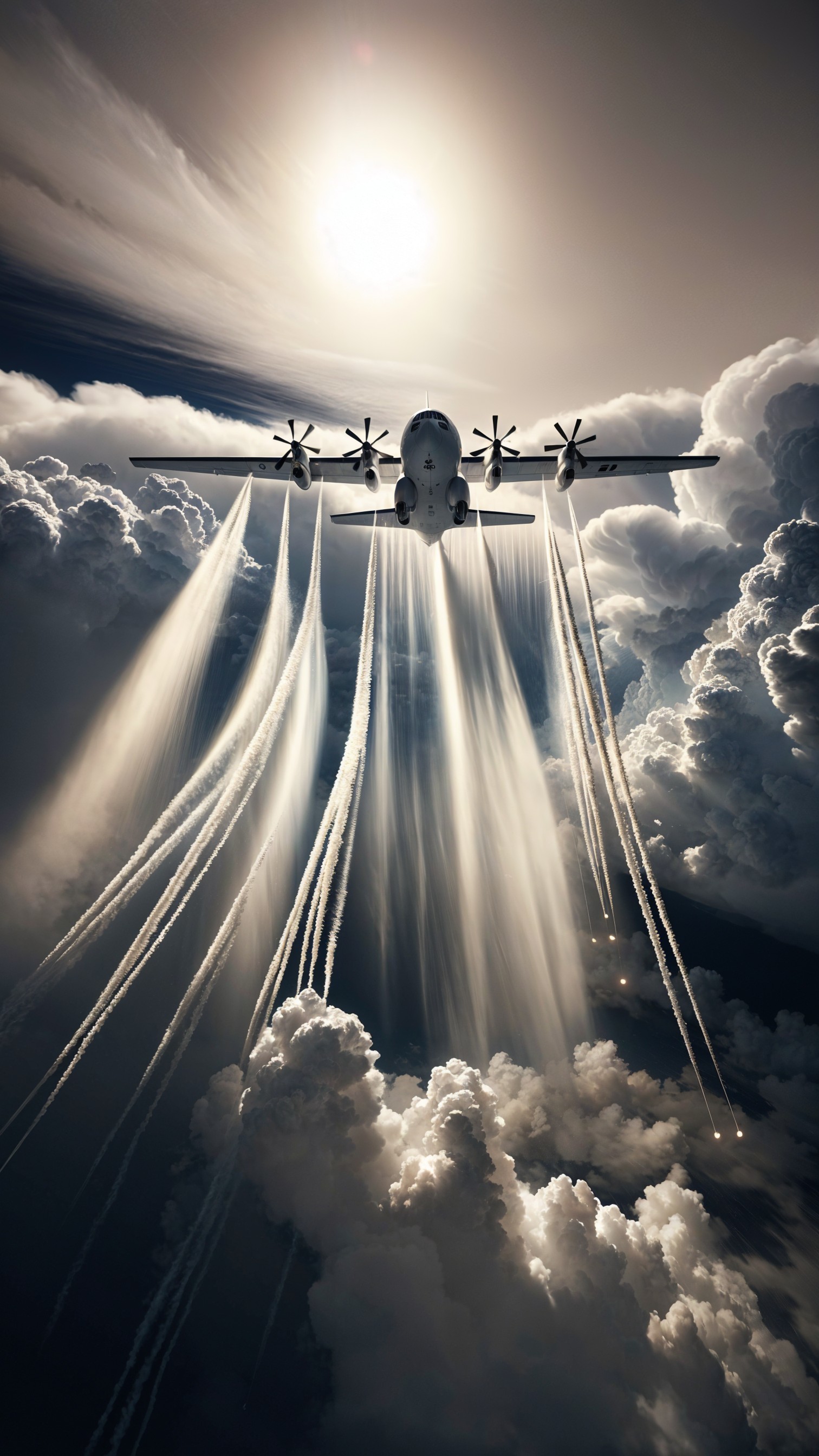 Military Aircraft in Dramatic Sky with Vapor Trails