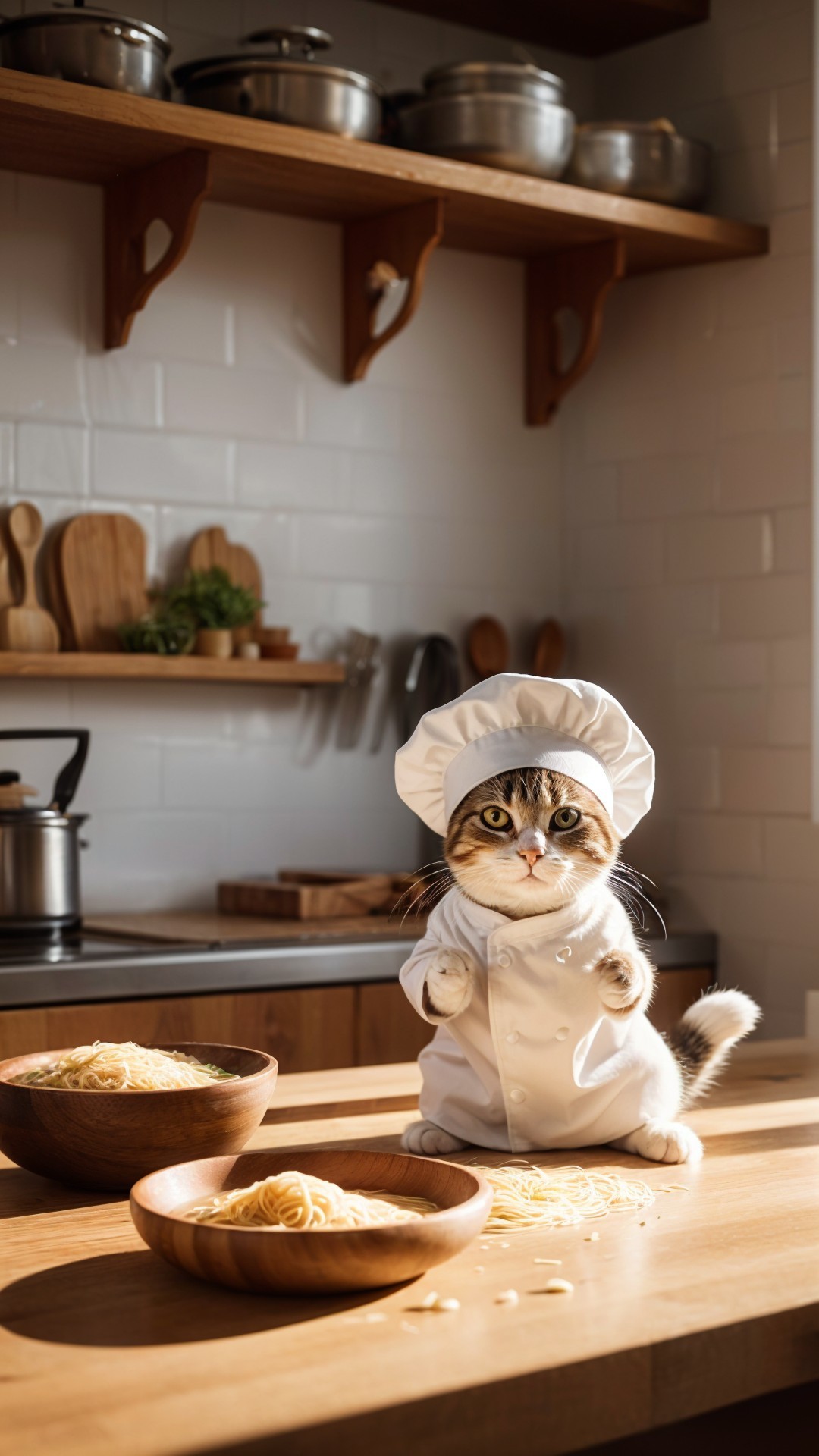 Cat in Chef Outfit in Cozy Kitchen Setting