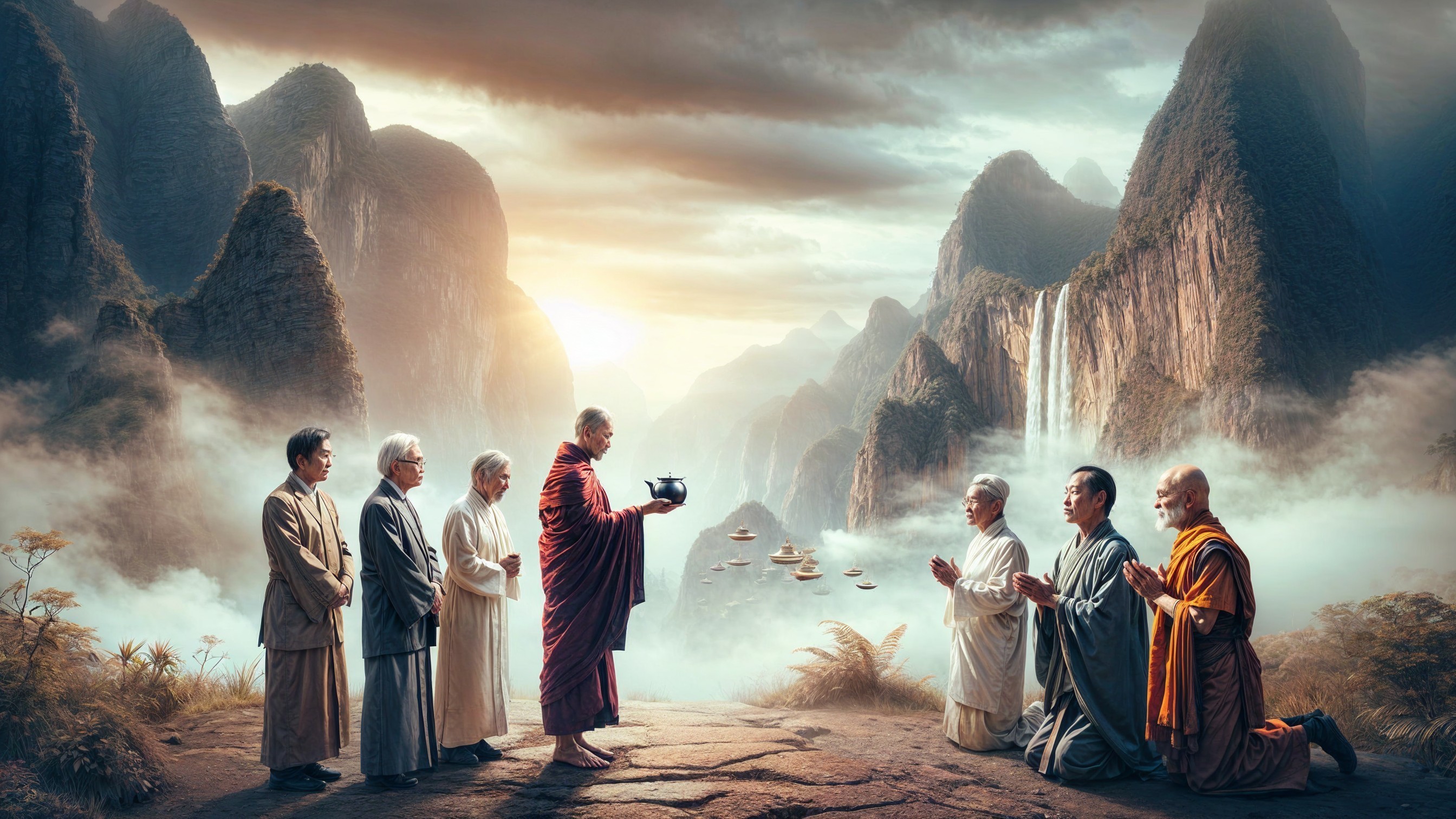 Monk in Red Robes with Worshippers in Mountain Landscape