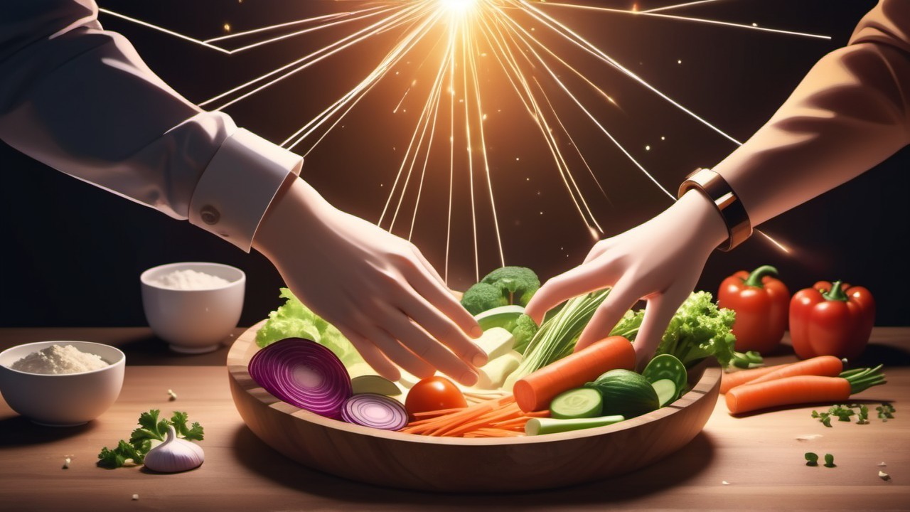 Fresh Vegetables and Rice in a Dramatic Cooking Scene