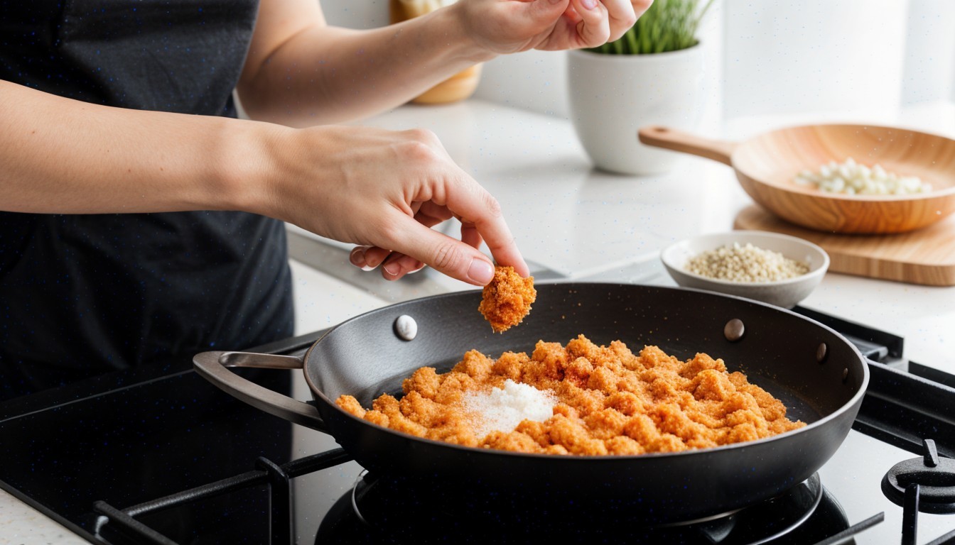 Cooking in a Modern Kitchen with Frying Pan and Ingredients