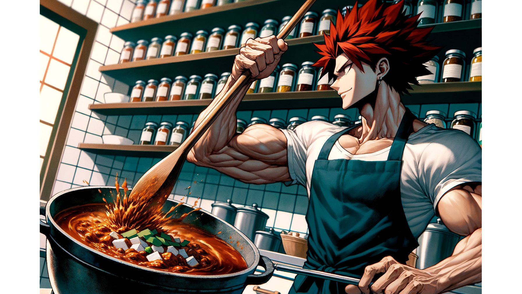 Muscular Chef with Red Hair Cooking in Cozy Kitchen