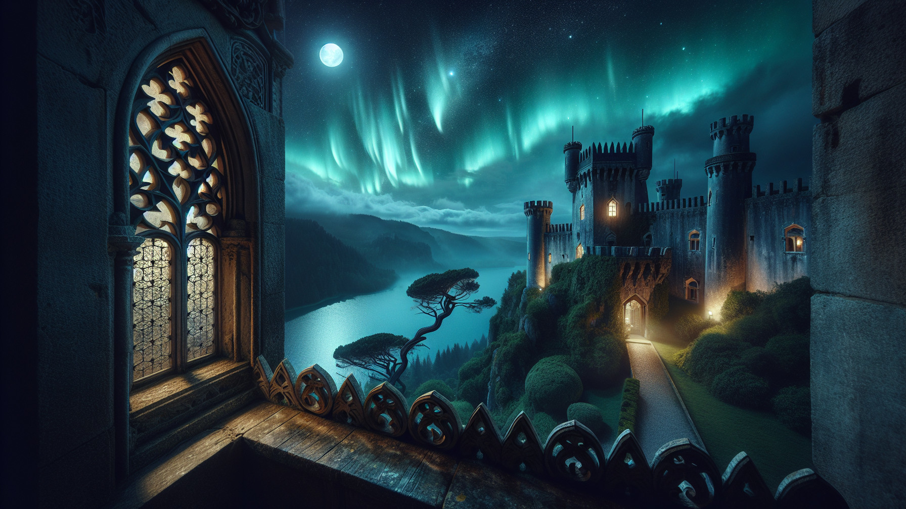 Castle on a Cliff Overlooking a Serene Lake at Night