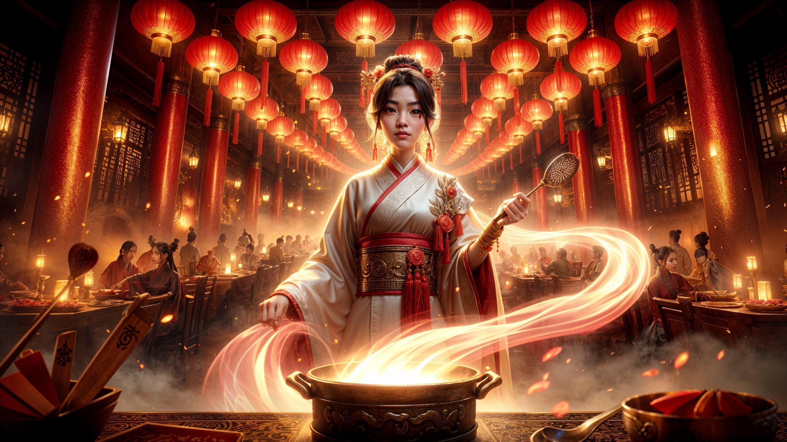 Elegant woman stirring pot in vibrant dining hall