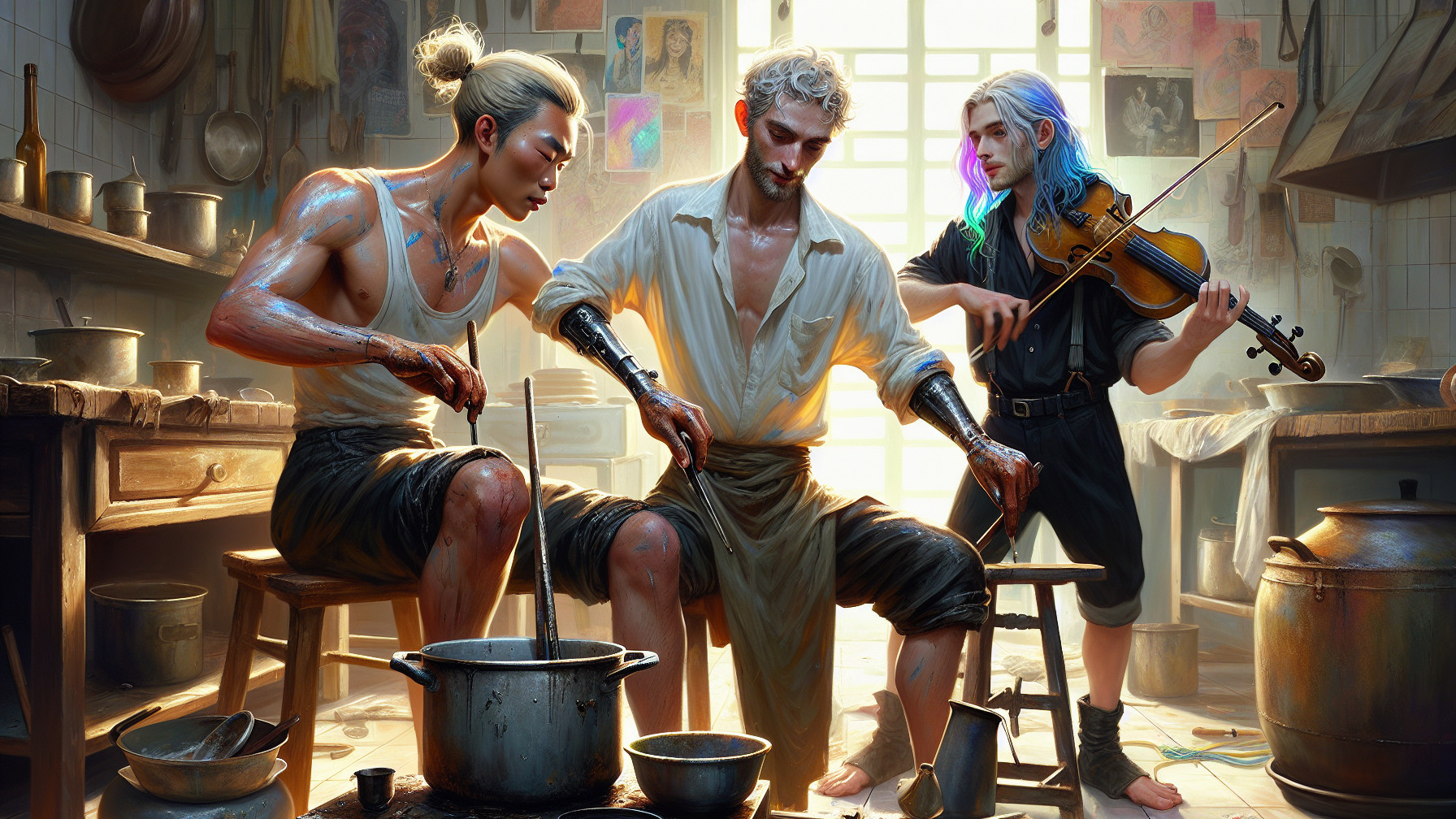 Young Men Cooking with Violin Music in Sunlit Kitchen