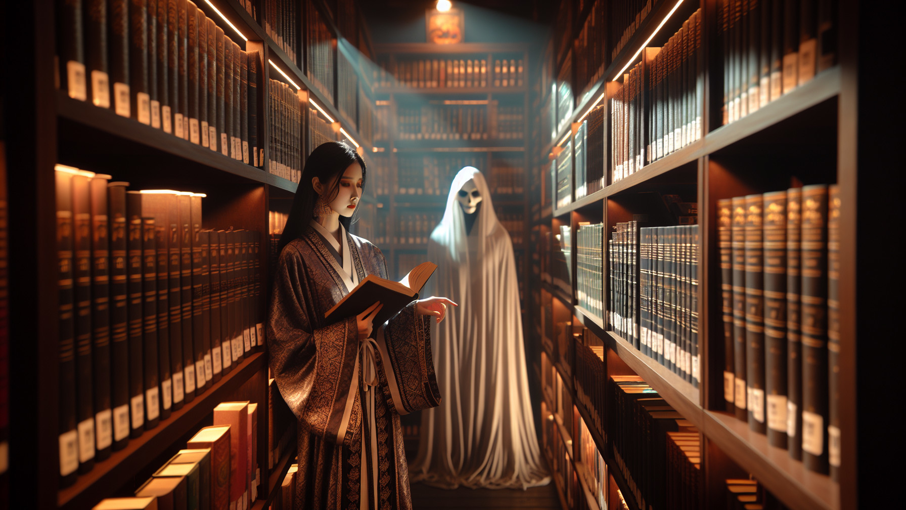 Young Woman Reading in Dim Library with Ghostly Figure
