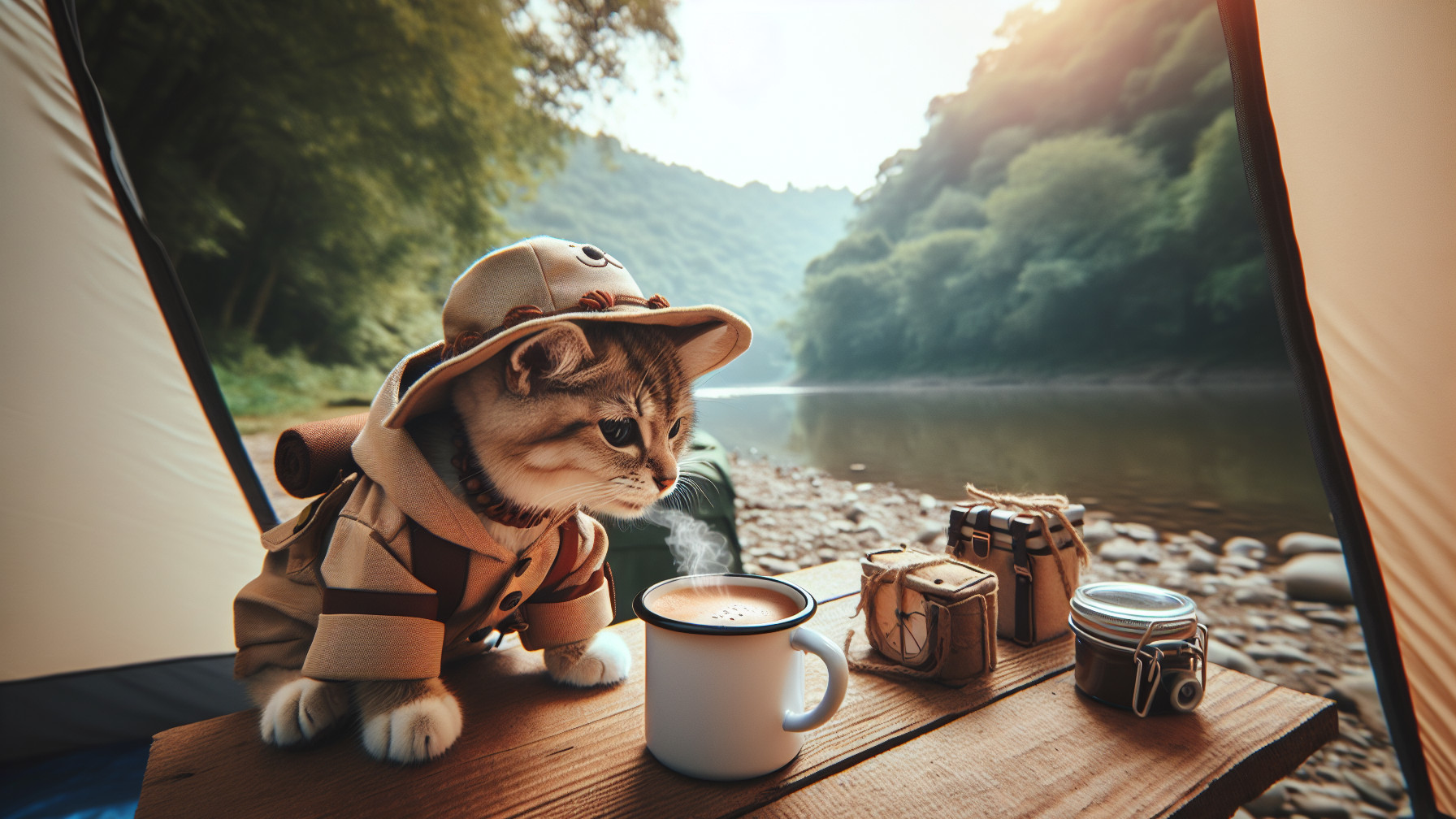 Charming Cat in Safari Outfit by a Serene River