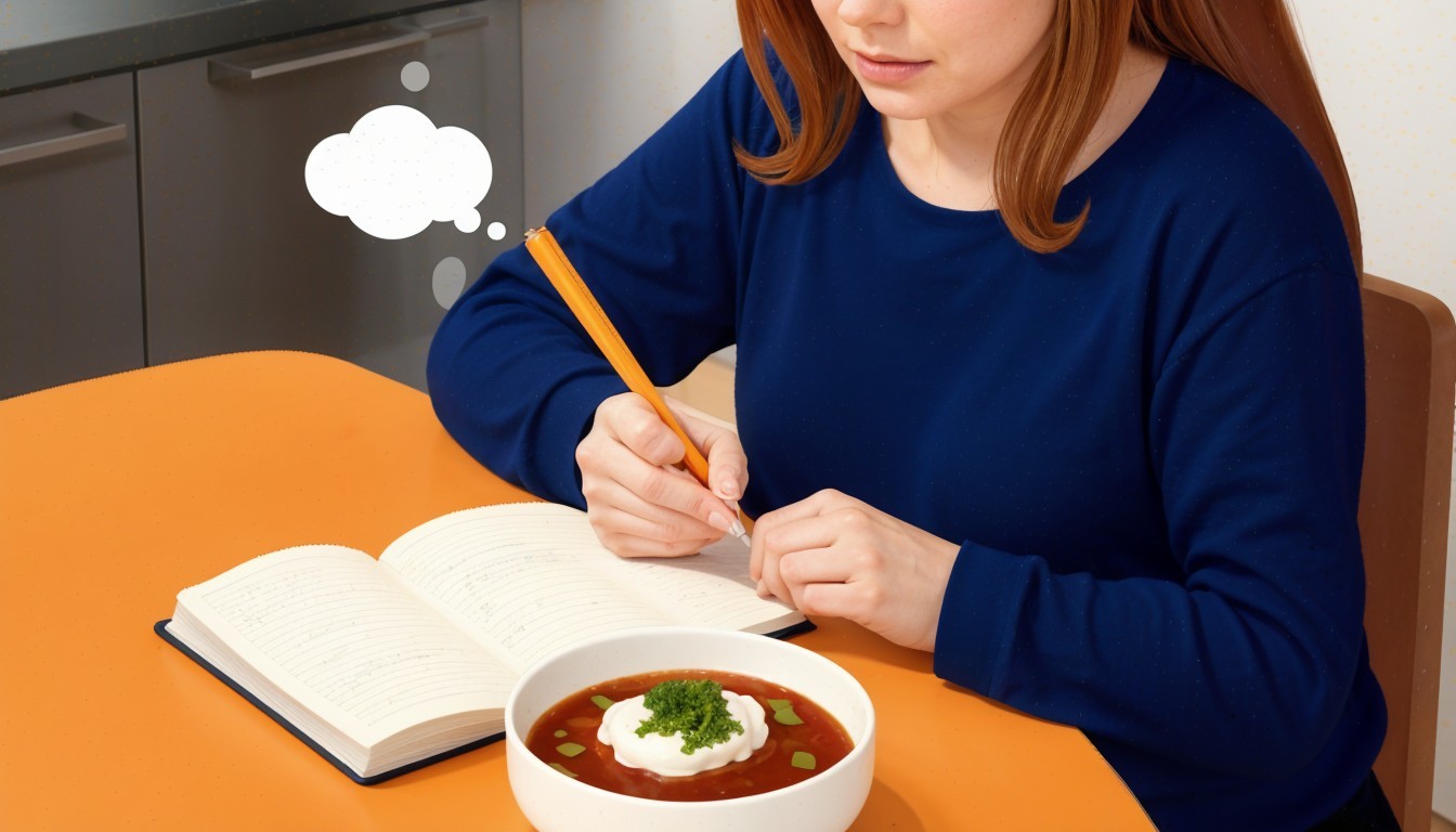 Young woman writing at orange table with soup bowl