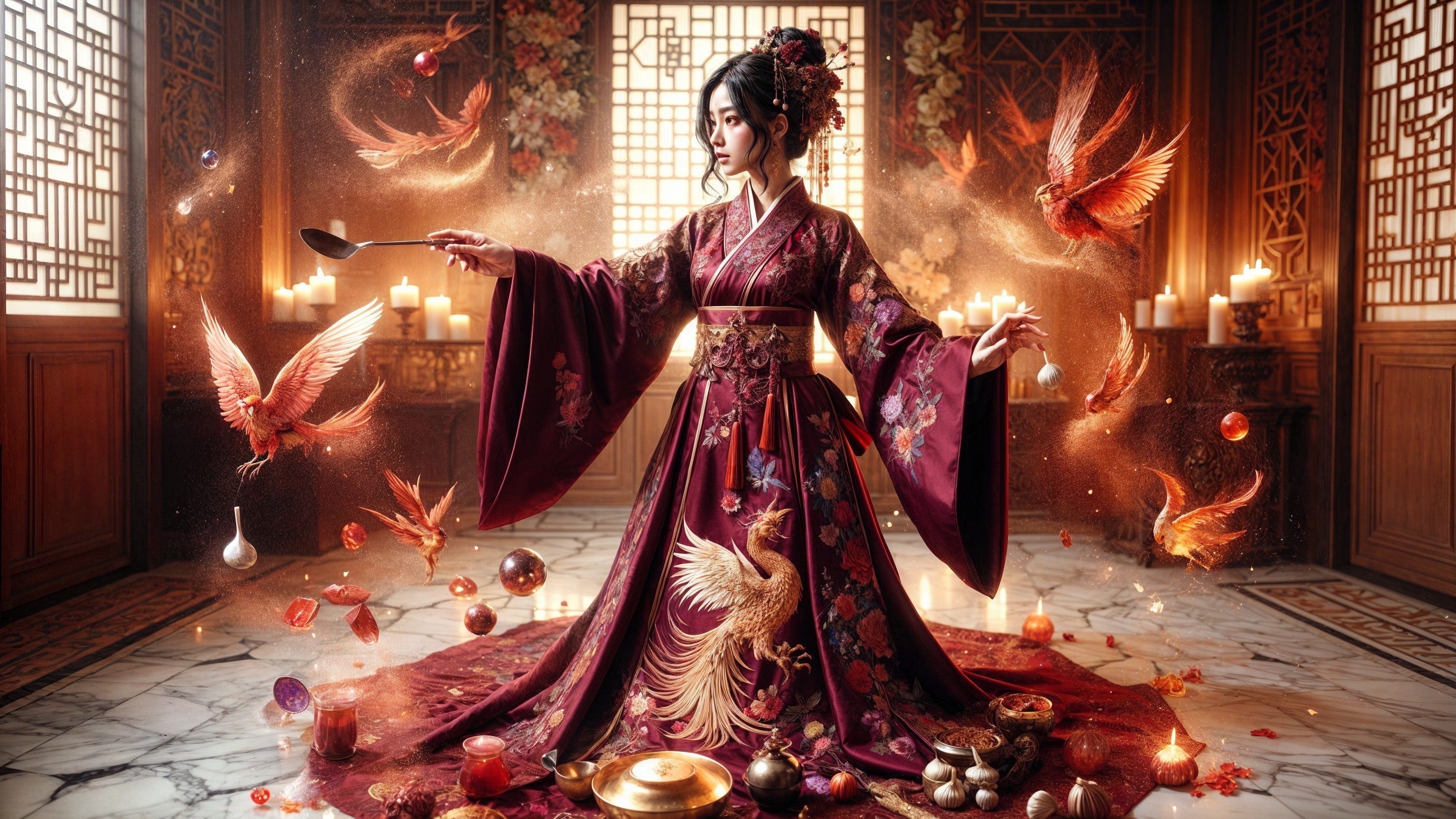 Young Woman in Crimson Kimono with Luminous Phoenixes