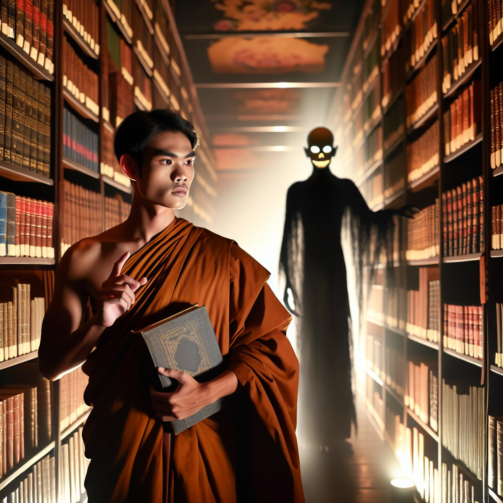 Young monk with ancient tome in eerie library setting