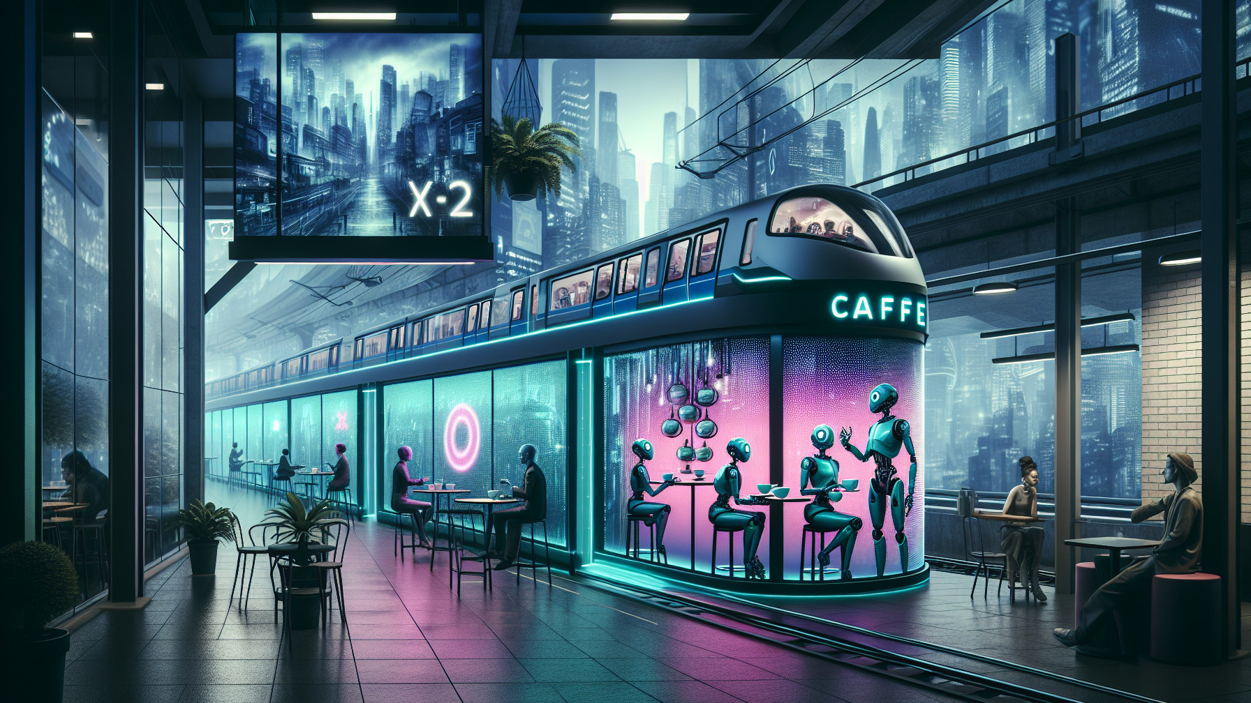 Futuristic Train Café in Neon-Lit Urban Setting