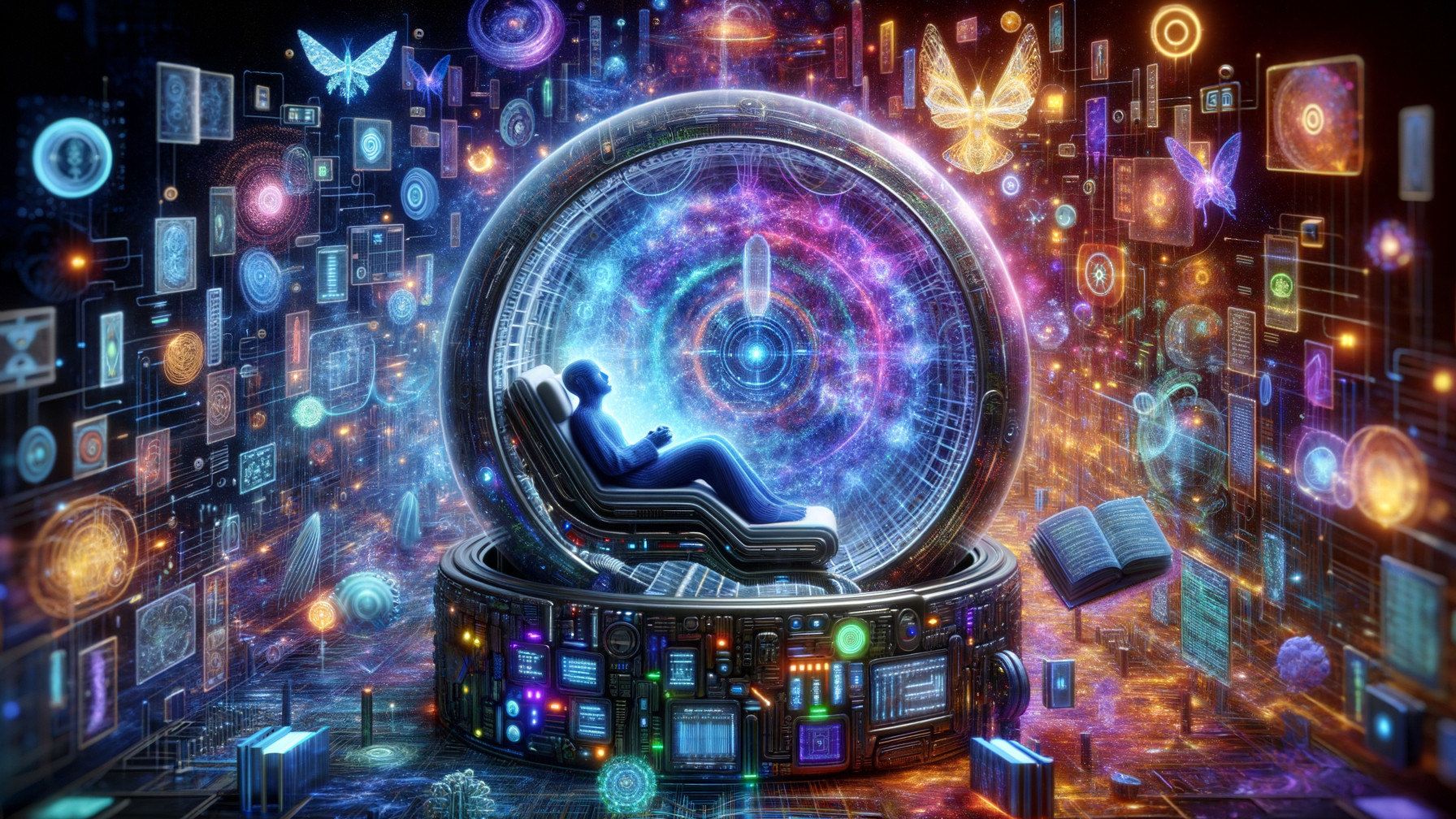 Reclining Figure in High-Tech Pod Amidst Cosmic Imagery