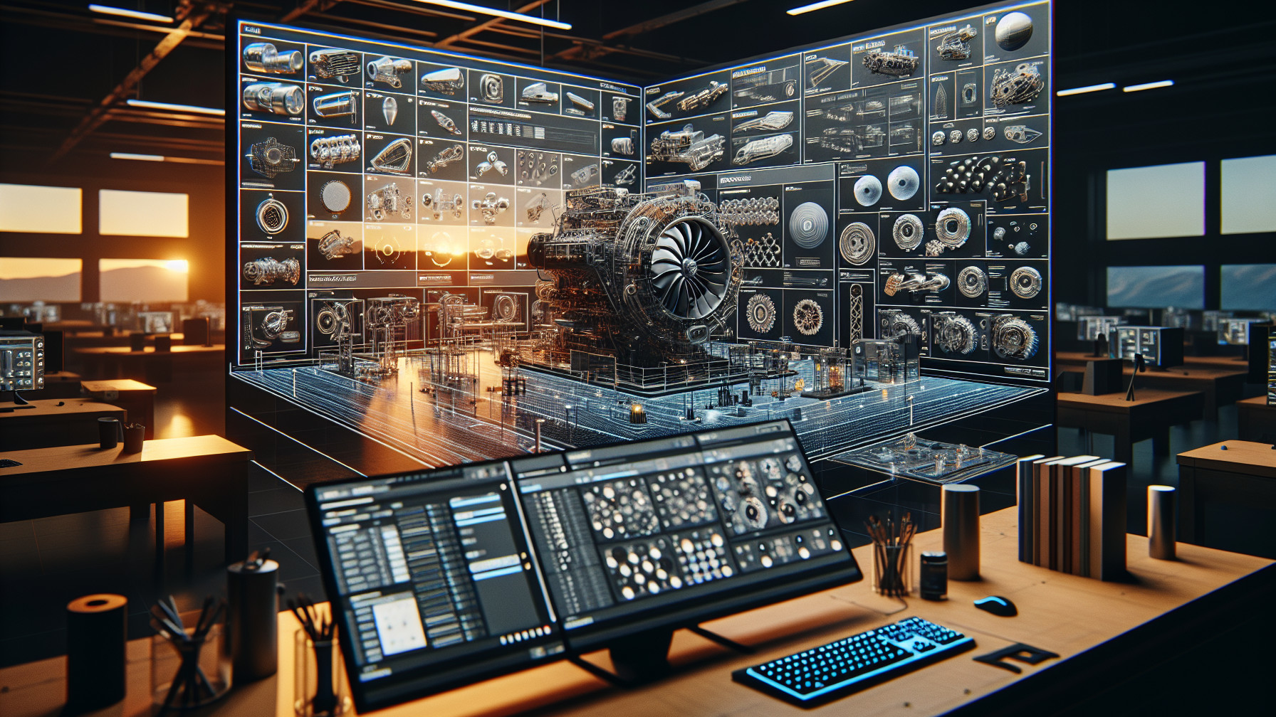 Modern Workspace with Transparent Display and Engine Model