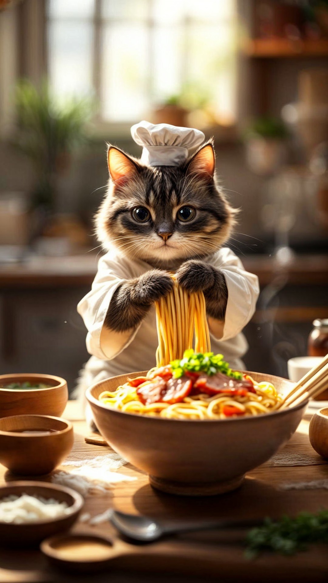 Fluffy Cat in Chef Hat with Pasta in Cozy Kitchen