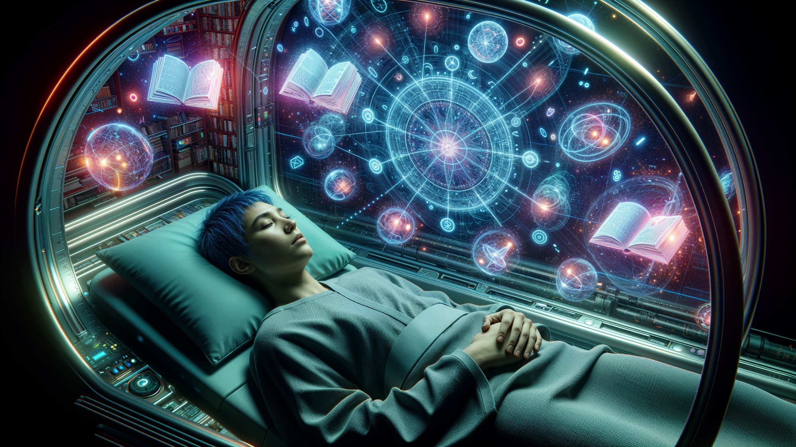 Futuristic Pod with Cosmic Imagery and Floating Books