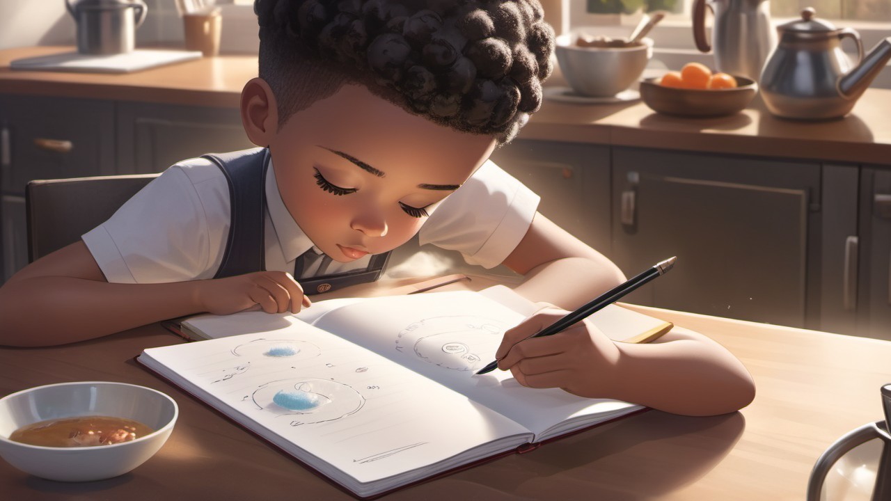 Child Drawing Celestial Bodies at Kitchen Table